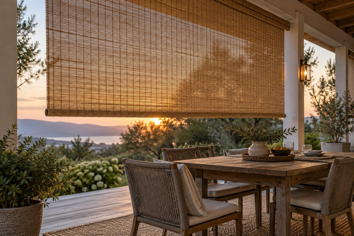 Outdoor bamboo shade balancing privacy and airflow on a patio