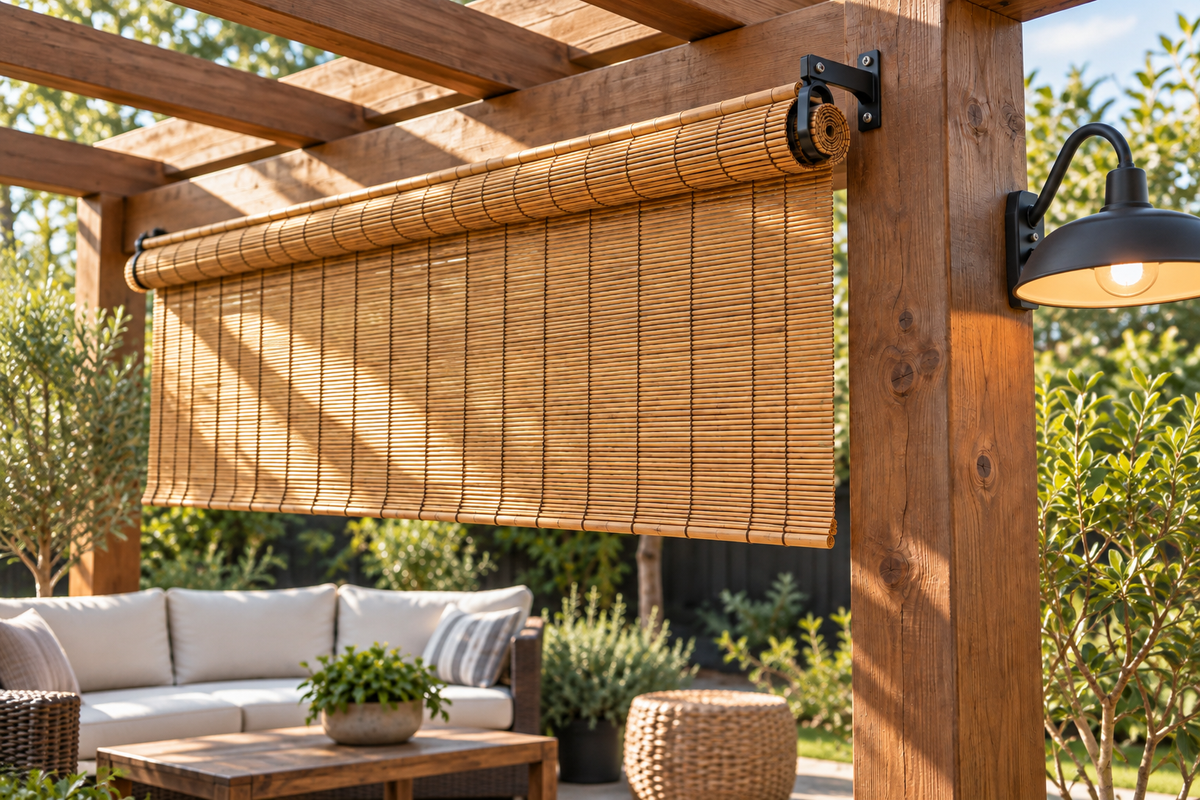 Installing an outdoor bamboo roll-up shade with mounting hardware