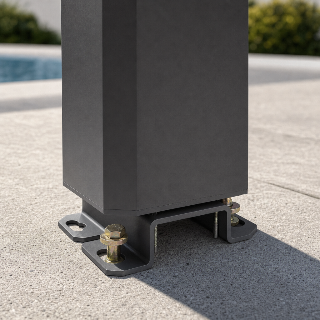 Powder-coated pergola post and anchored base detail