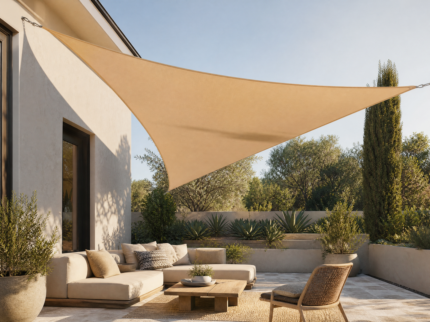 Sand khaki triangular BESITSOL shade sail over a contemporary patio