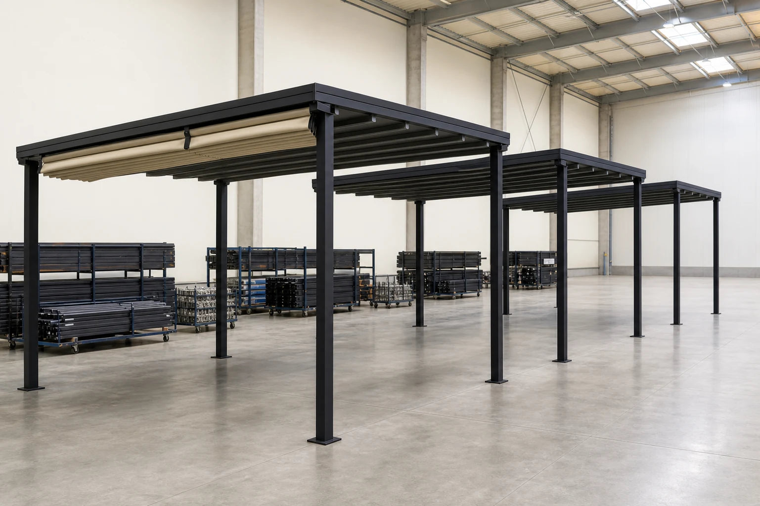 Multiple shade modules coordinated across a commercial outdoor space