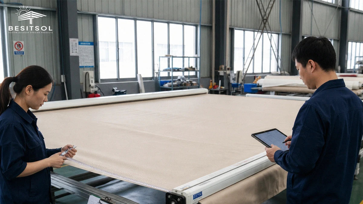 BESITSOL production team checking outdoor shade fabric and components