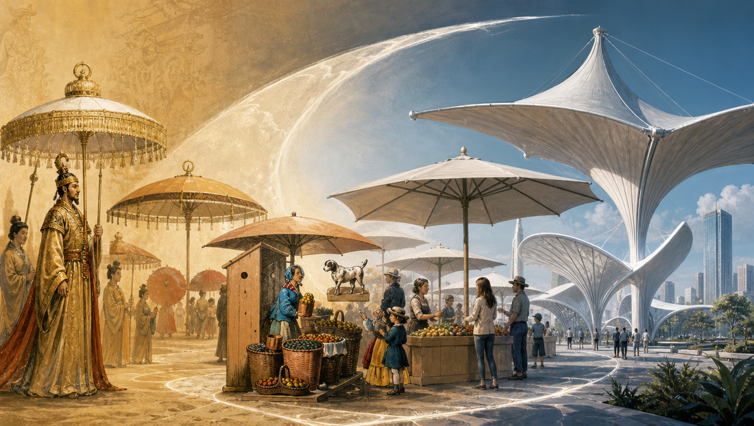 the history of the market umbrella from ancient royal status symbol to modern space architecture