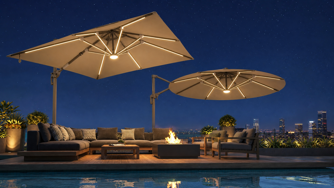 square and round patio umbrellas, engineered for modern residential and commercial environments.