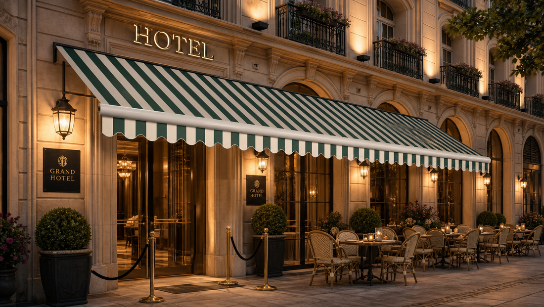 An extended green and white striped patio awning with wave edges sheltering an outdoor bistro seating arrangement with tables and chairs outside a luxury hotel under warm hanging lanterns.