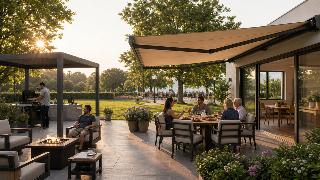 Pergola vs retractable awning comparison showing outdoor shade solutions for patios, restaurants, and commercial spaces