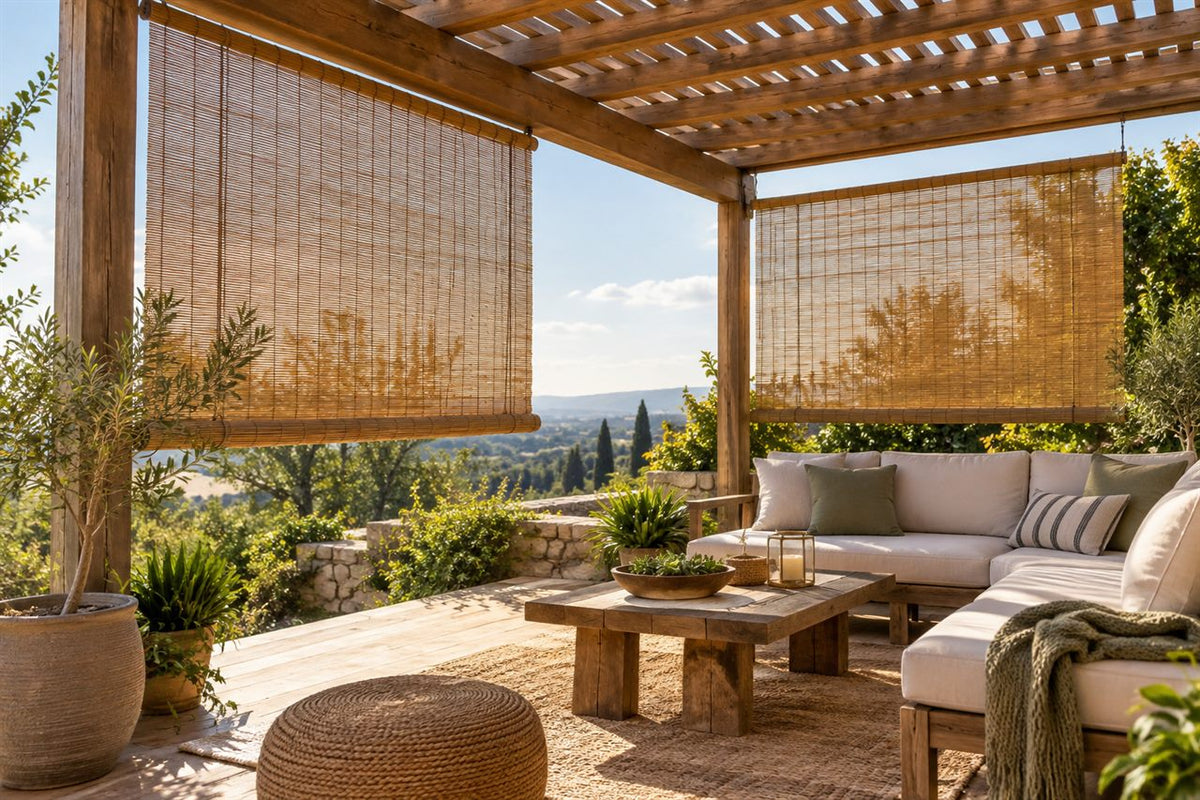 Bamboo roll-up shades on a covered pergola seating area