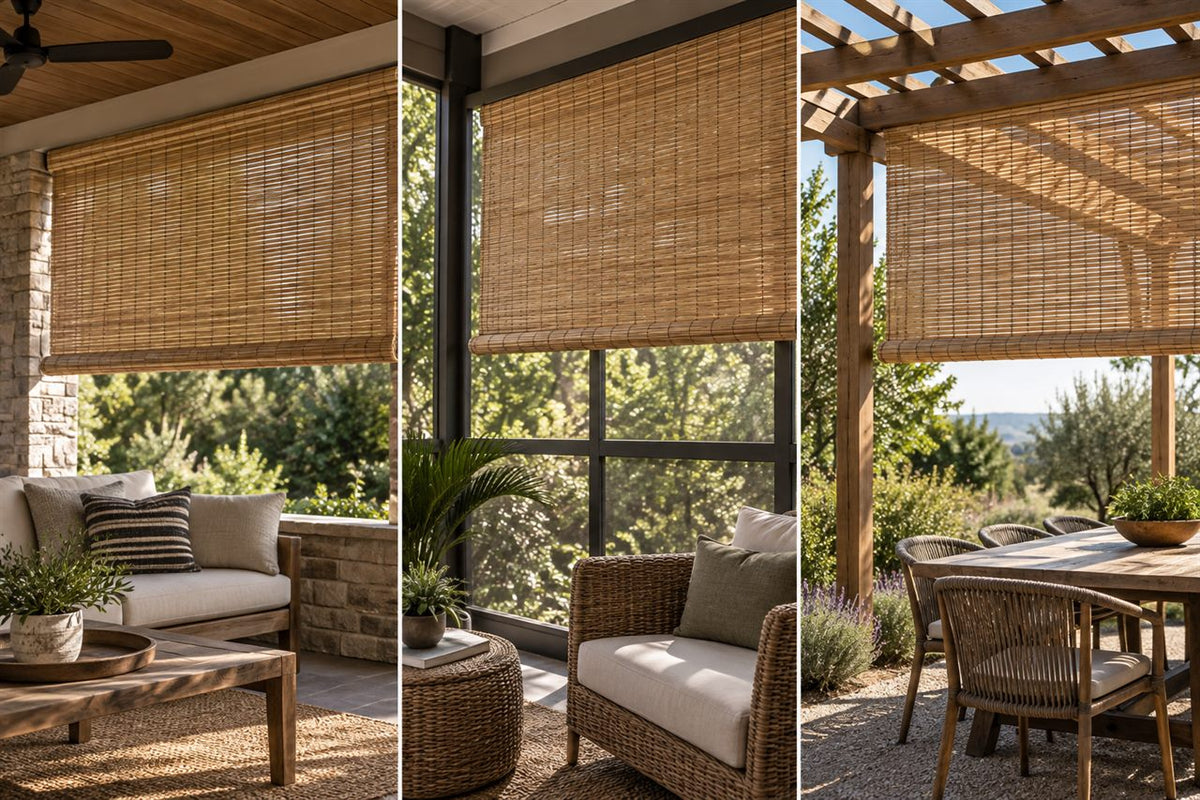 Outdoor bamboo shades across covered patio, screened porch, and pergola exposure zones
