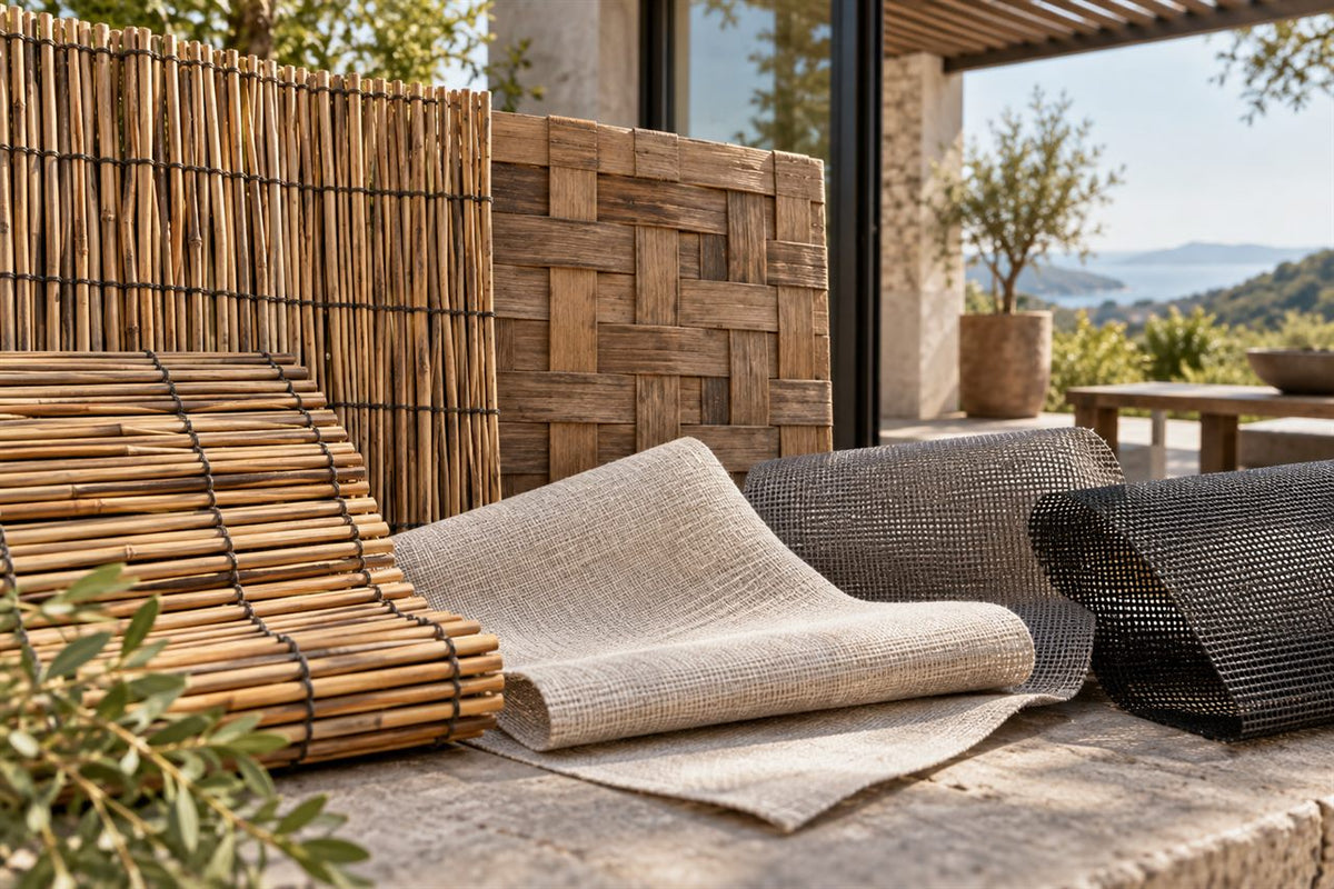 Bamboo, reed, woven wood, and fabric shade materials compared
