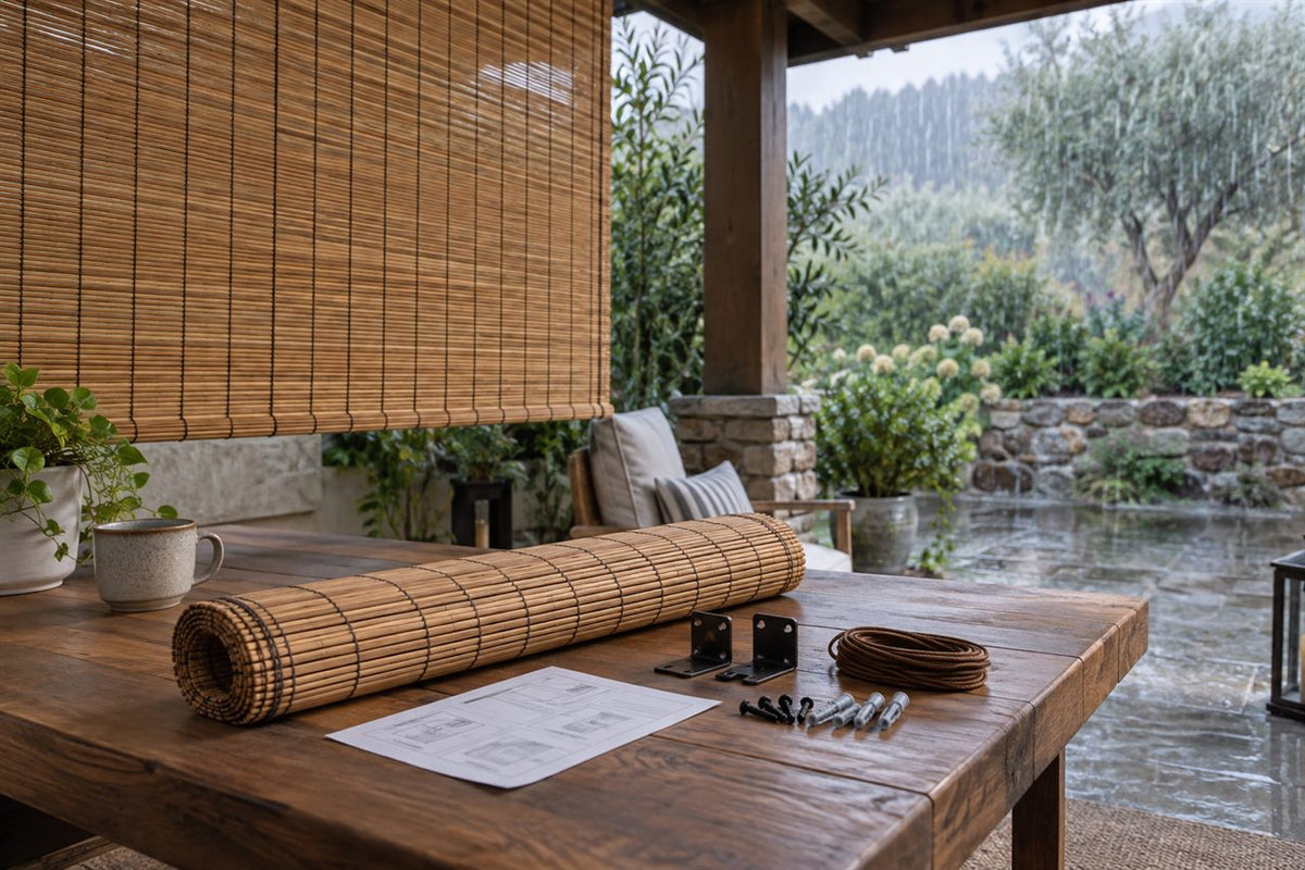Outdoor bamboo shade, rain, and weather-resistance claim check