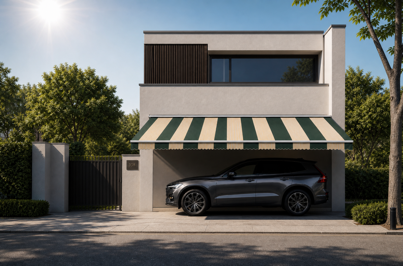 Retractable awning used as shade above a parked vehicle
