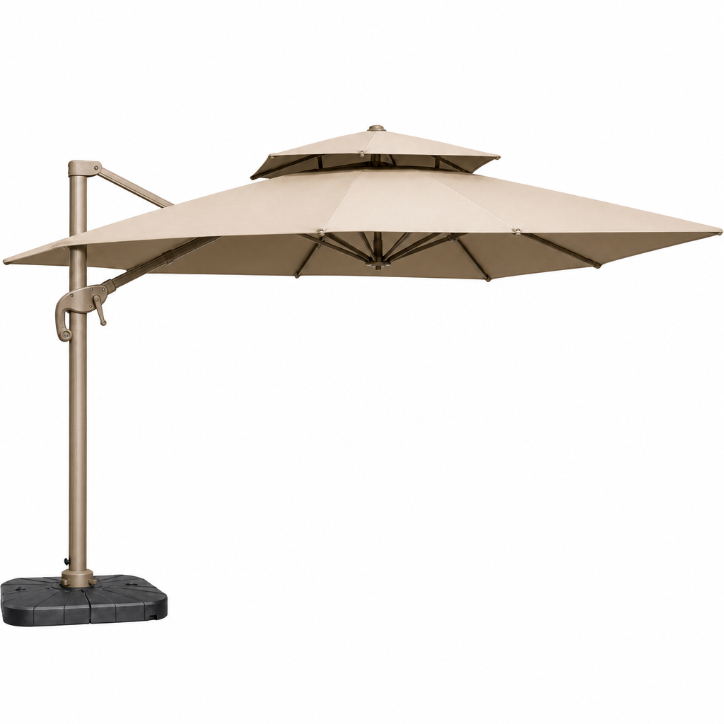 driscol tan patio umbrella Baska Outdoor Round Arashi Salt top design enhances air circulation 3M Roma Round aluminium double-topped