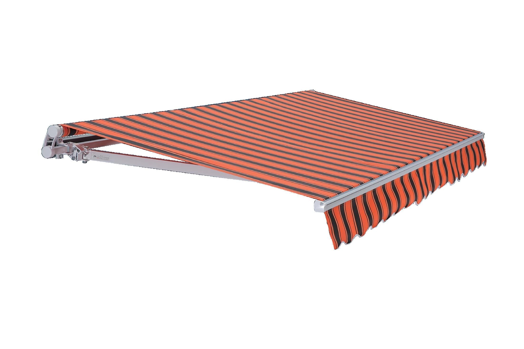 A380 retractable patio awning side profile with striped fabric and front valance
