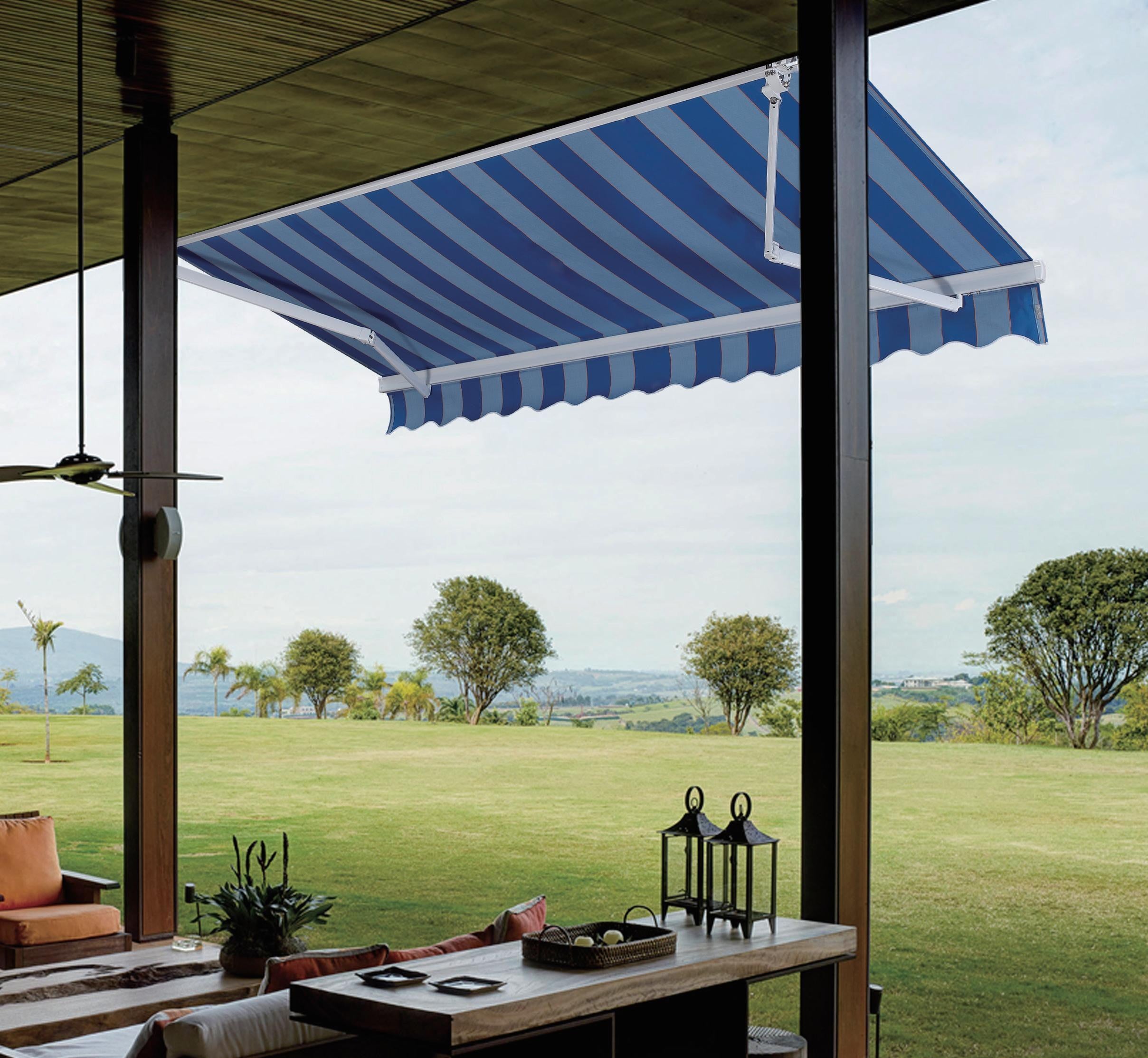 A380 motorized retractable awning extended over patio seating
