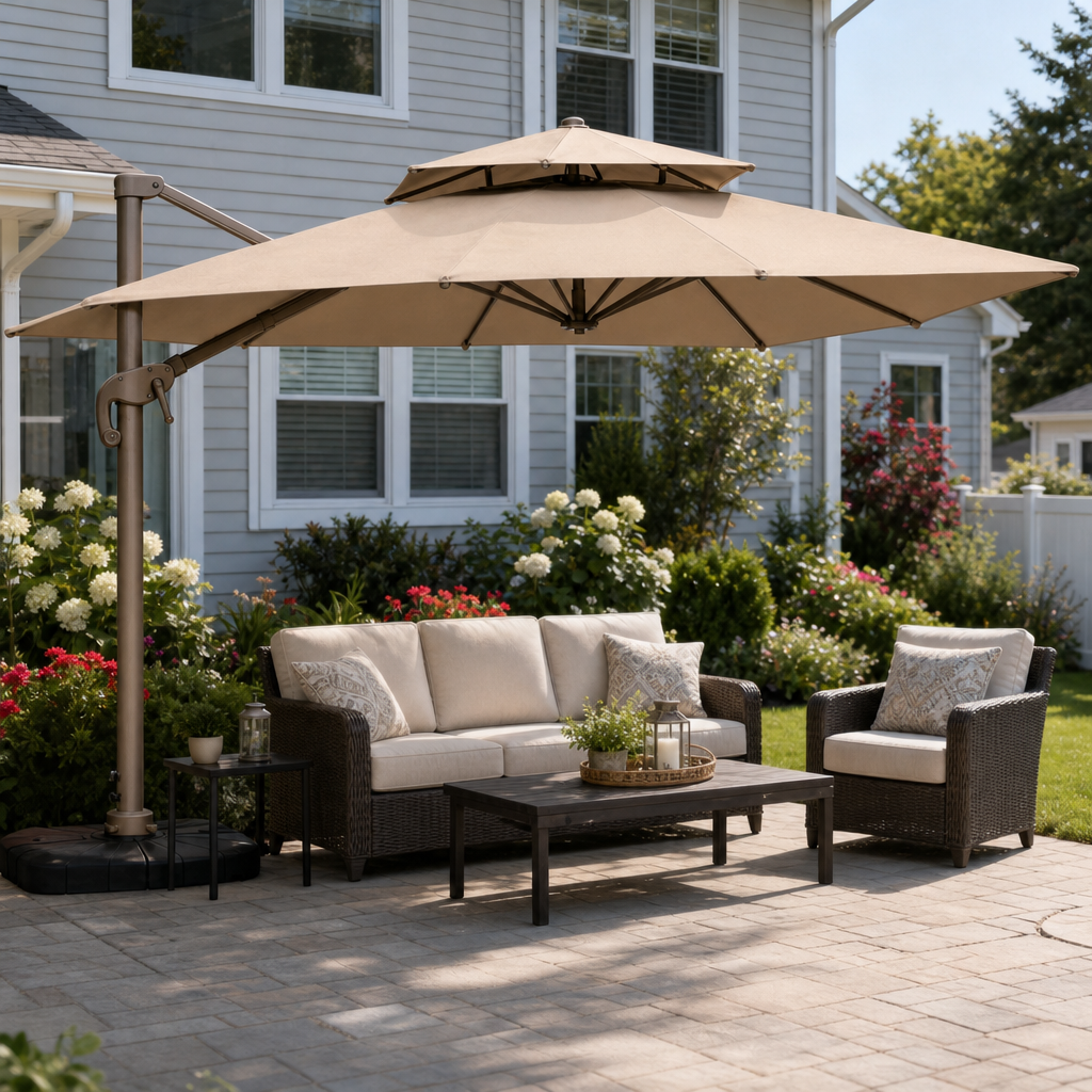 Rose Gold Medium Roman Umbrella in a backyard relaxing setup