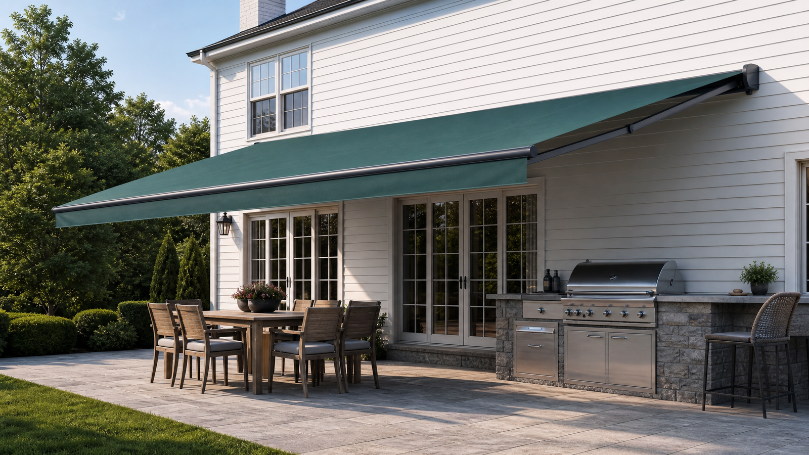 Retractable awning over an outdoor kitchen and dining patio