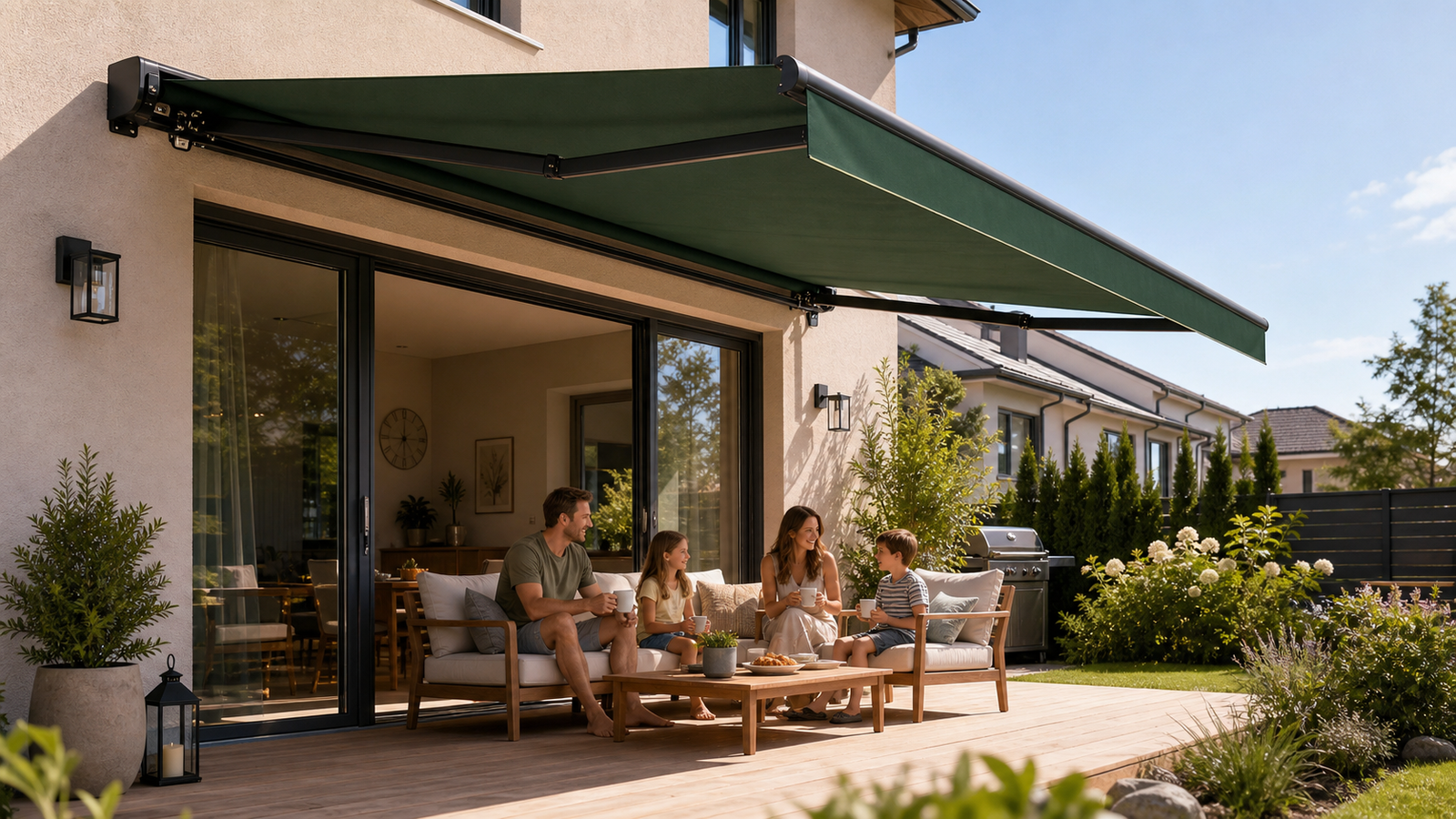 Retractable awning over a residential patio and glass doors