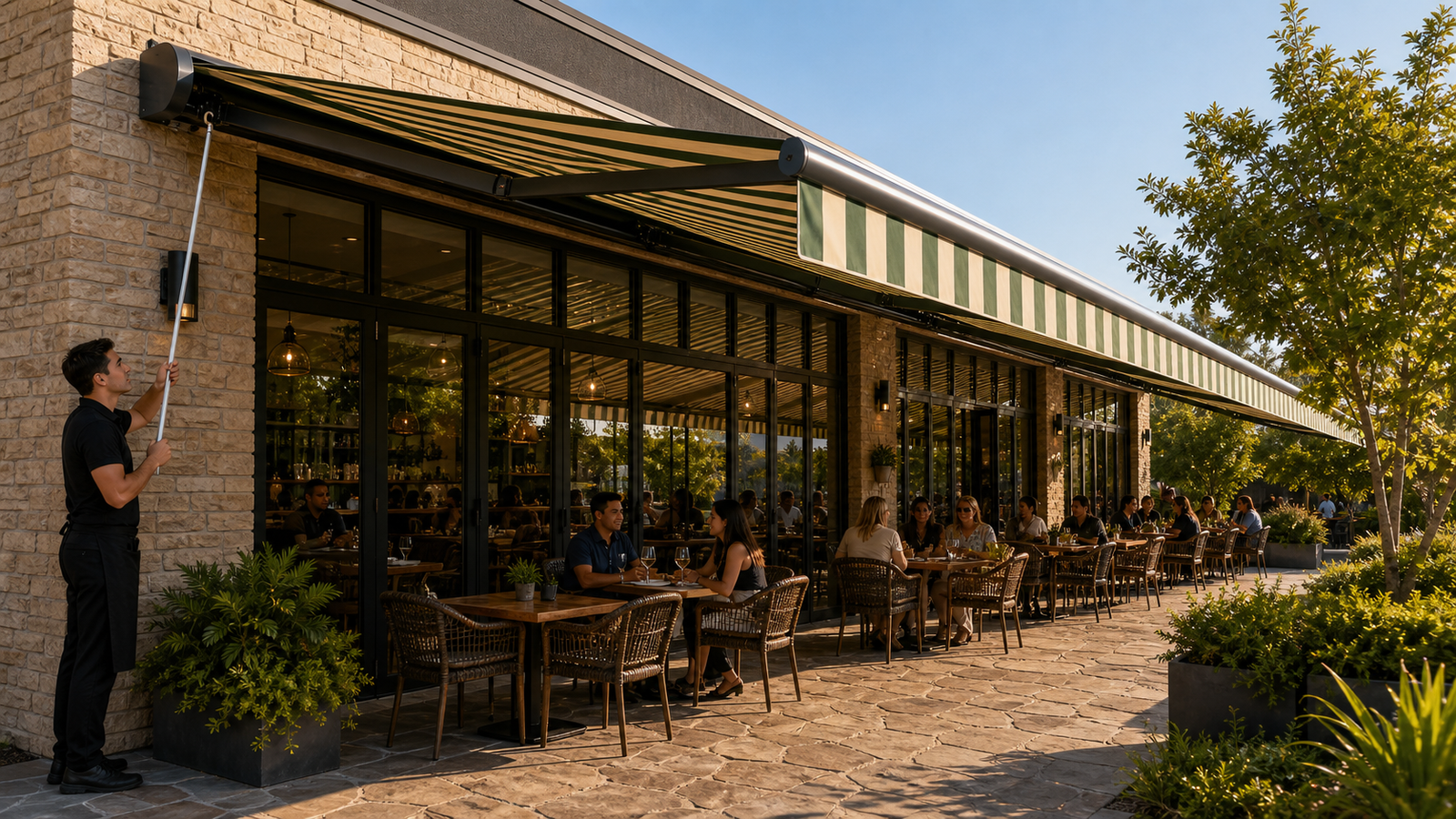 LED retractable awnings over a restaurant sidewalk dining area