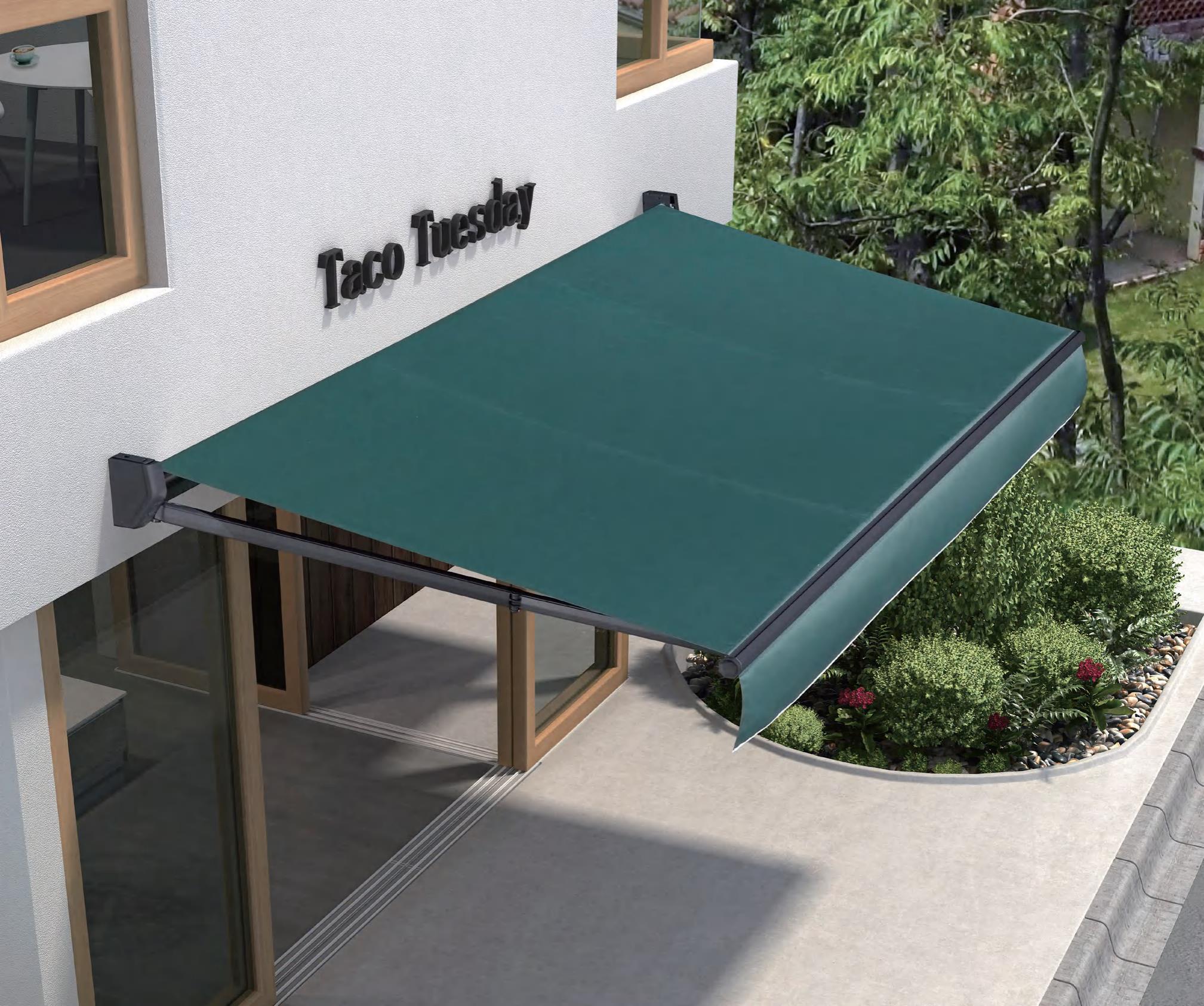 BESITSOL A380 retractable awning installed over a storefront patio