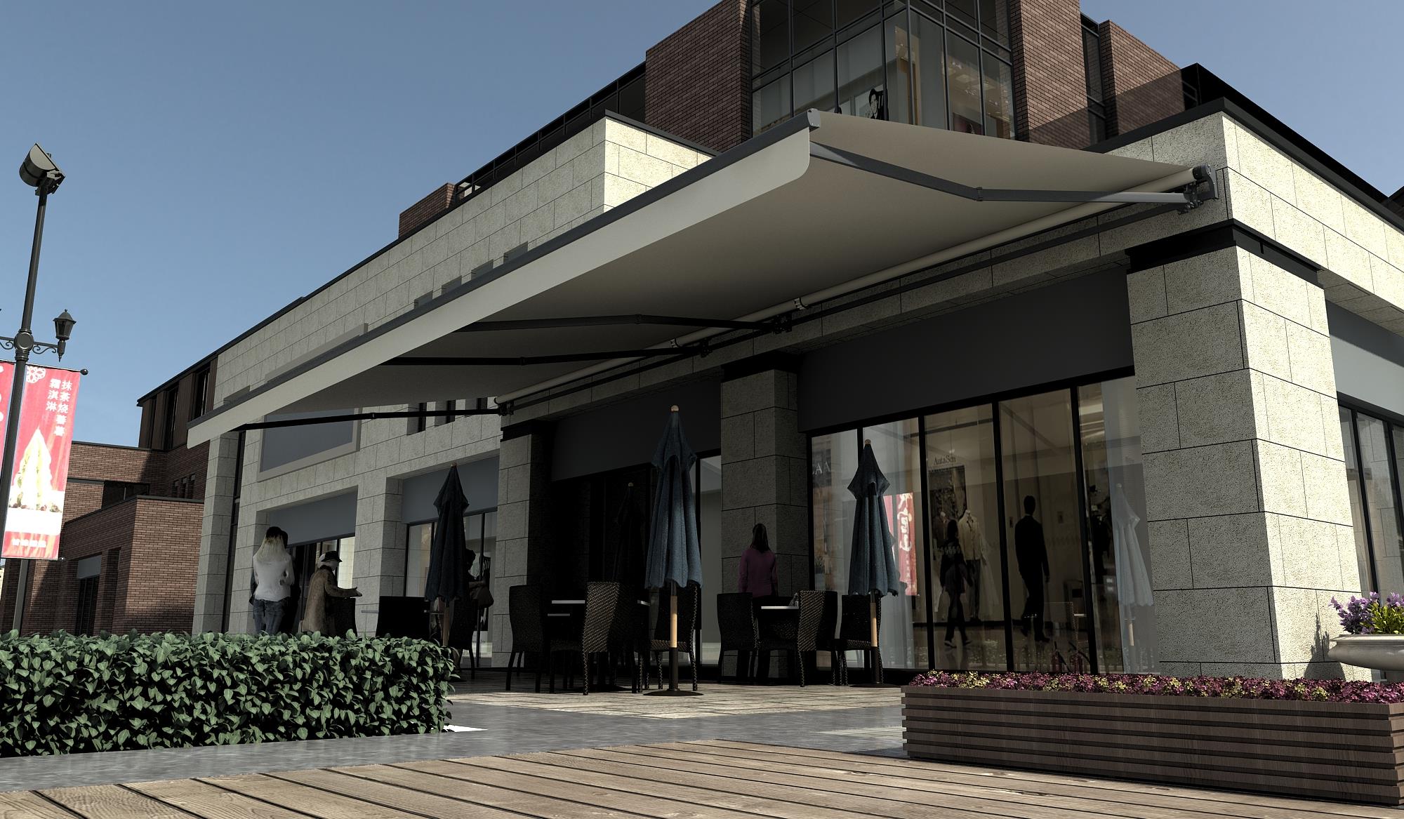 BESITSOL B02 cassette awning installed across a wide commercial patio