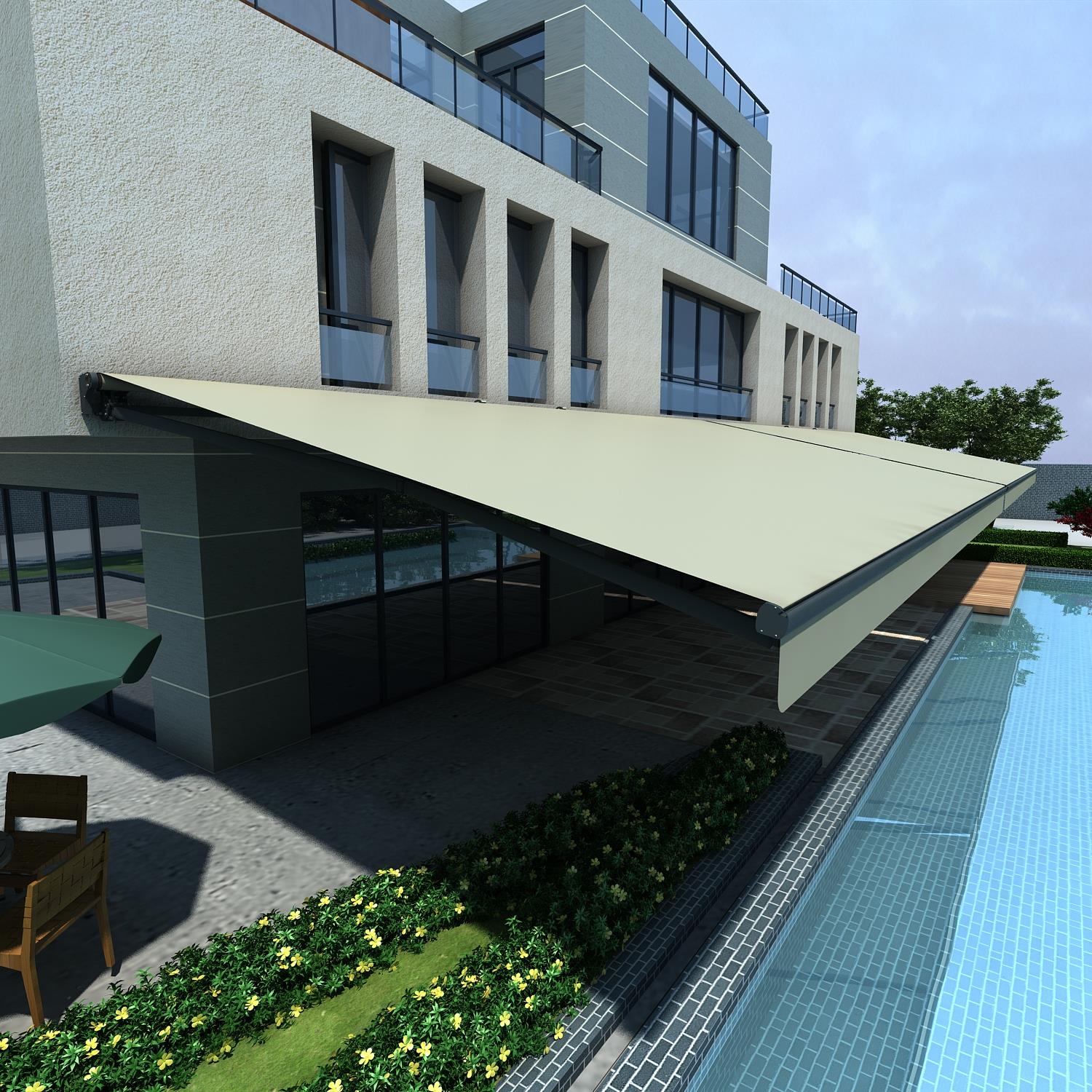 B02 motorized cassette awning shading a poolside residential terrace