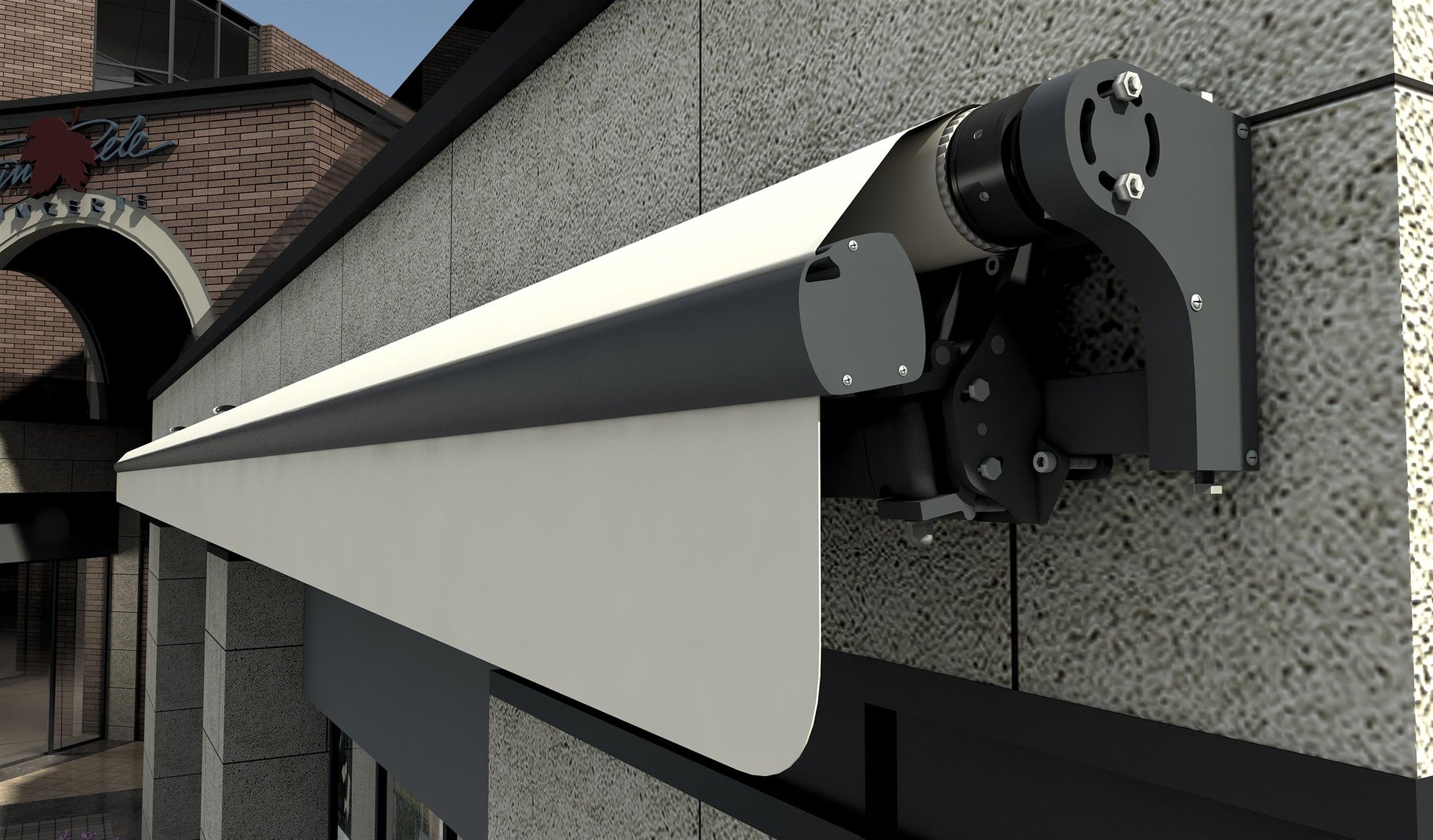 B02 motorized cassette awning side bracket and cassette close-up