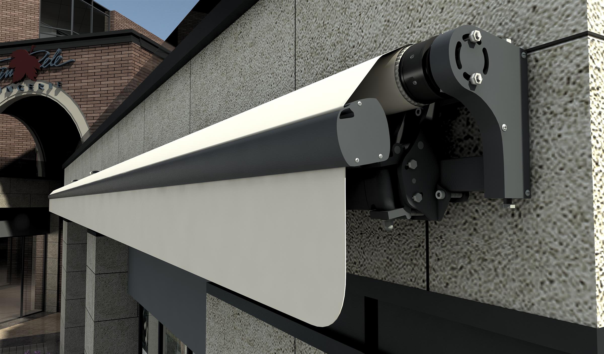B02 motorized cassette awning side bracket and cassette close-up