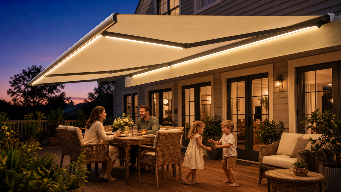 B04 full cassette retractable awning with warm LED lighting on a patio