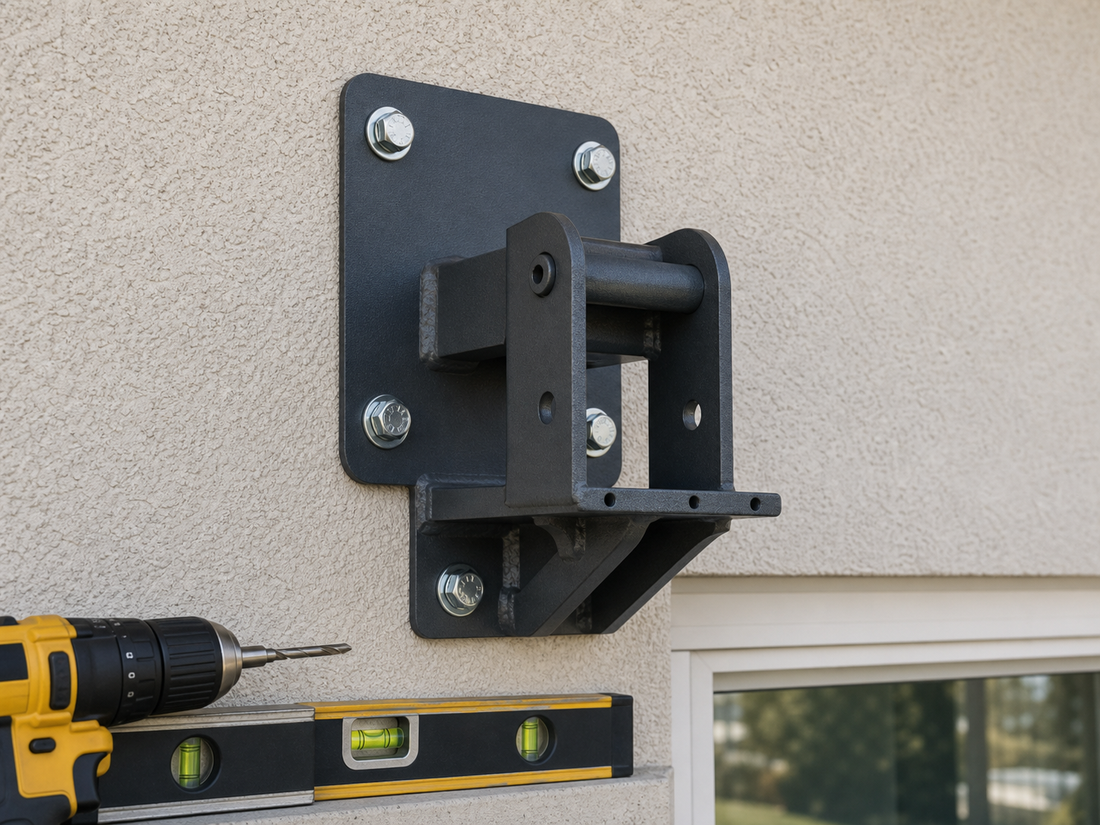 Awning wall mounting bracket with bolts, level, and drill