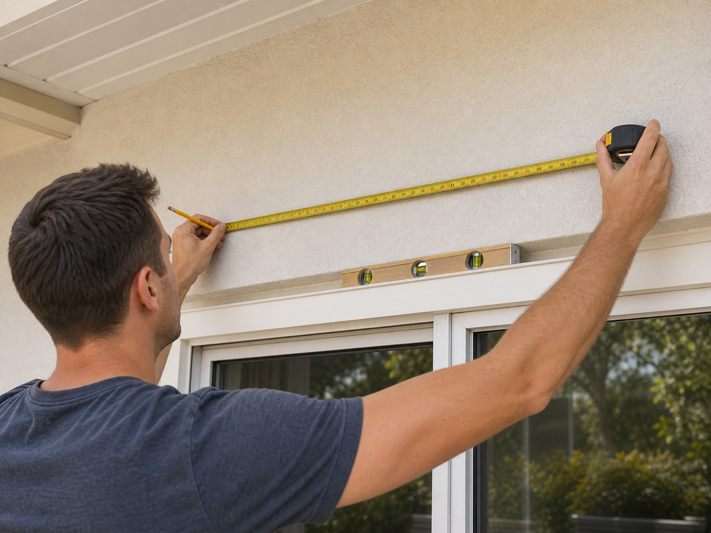 Measuring an exterior patio wall before retractable awning installation