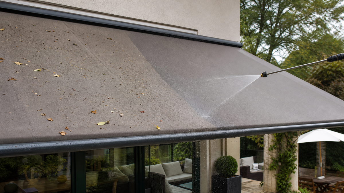Low-pressure water rinsing dust and leaves from BESITSOL awning fabric