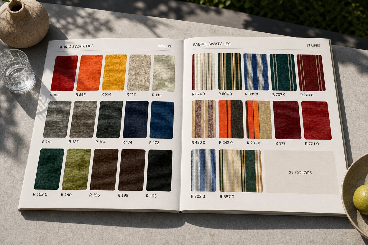 BESITSOL 27 fabric swatches sample book in natural outdoor light