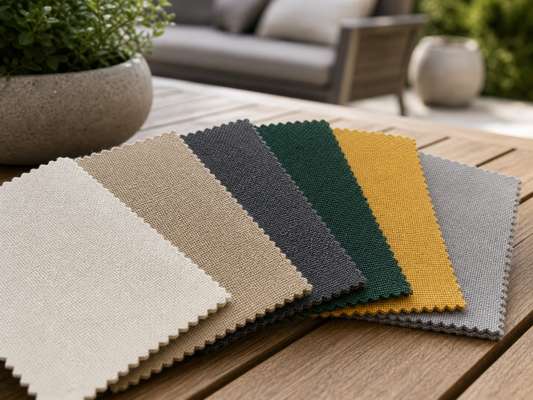 Outdoor awning fabric swatches in neutral and accent colors