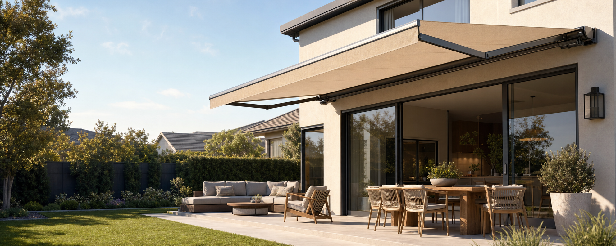 BESITSOL retractable awning over a bright modern backyard patio