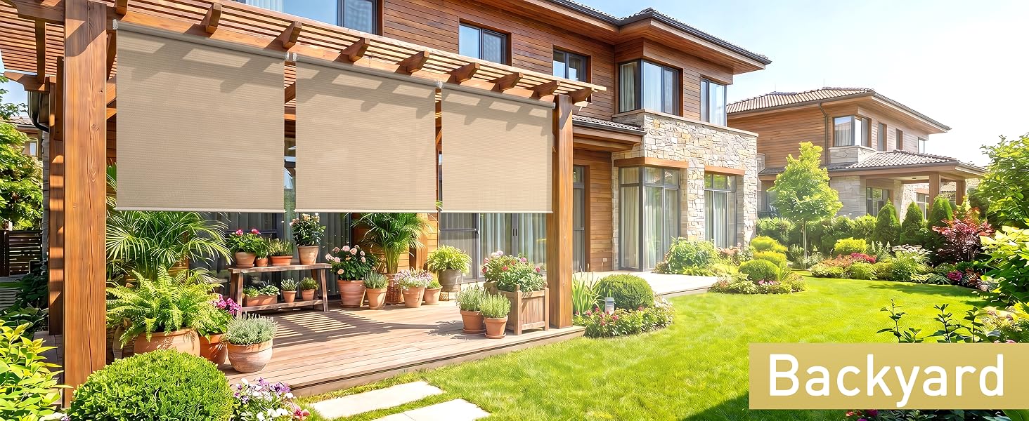 Outdoor roller shades installed on a backyard timber structure