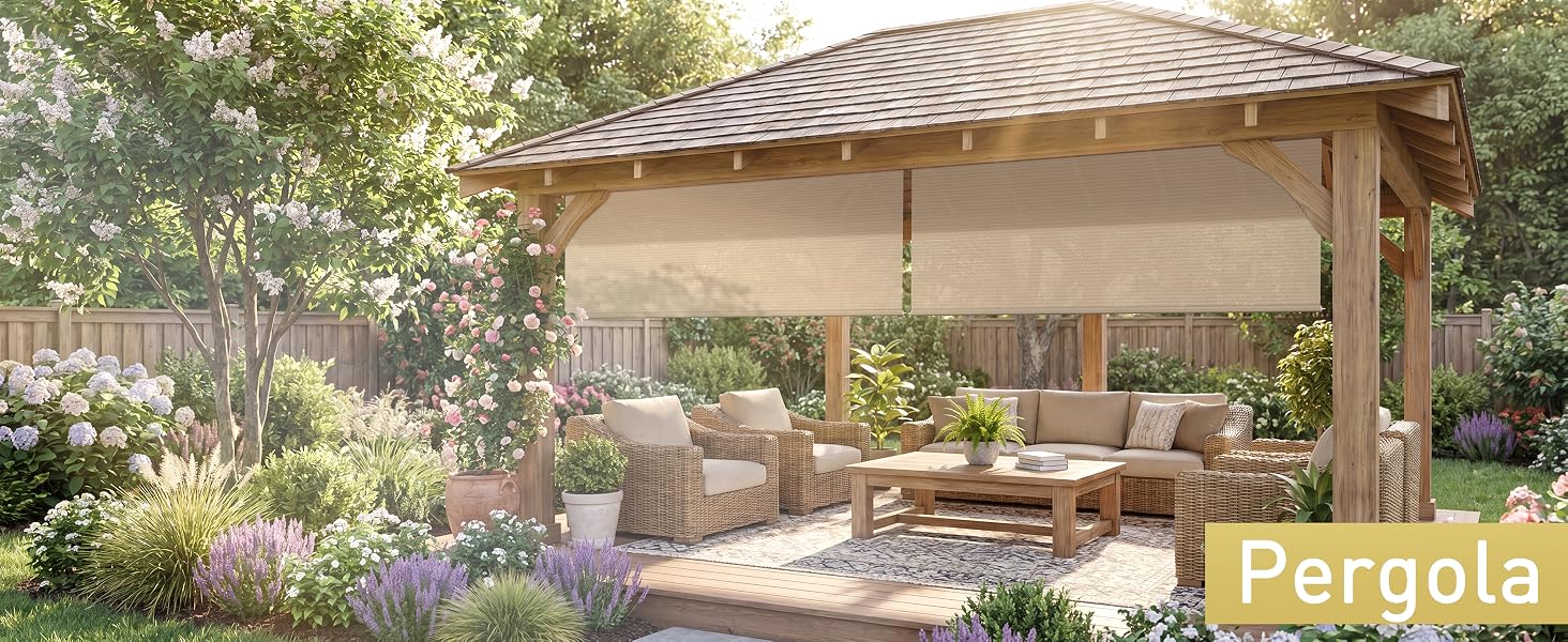 Manual roller shades creating adjustable privacy in a garden pergola