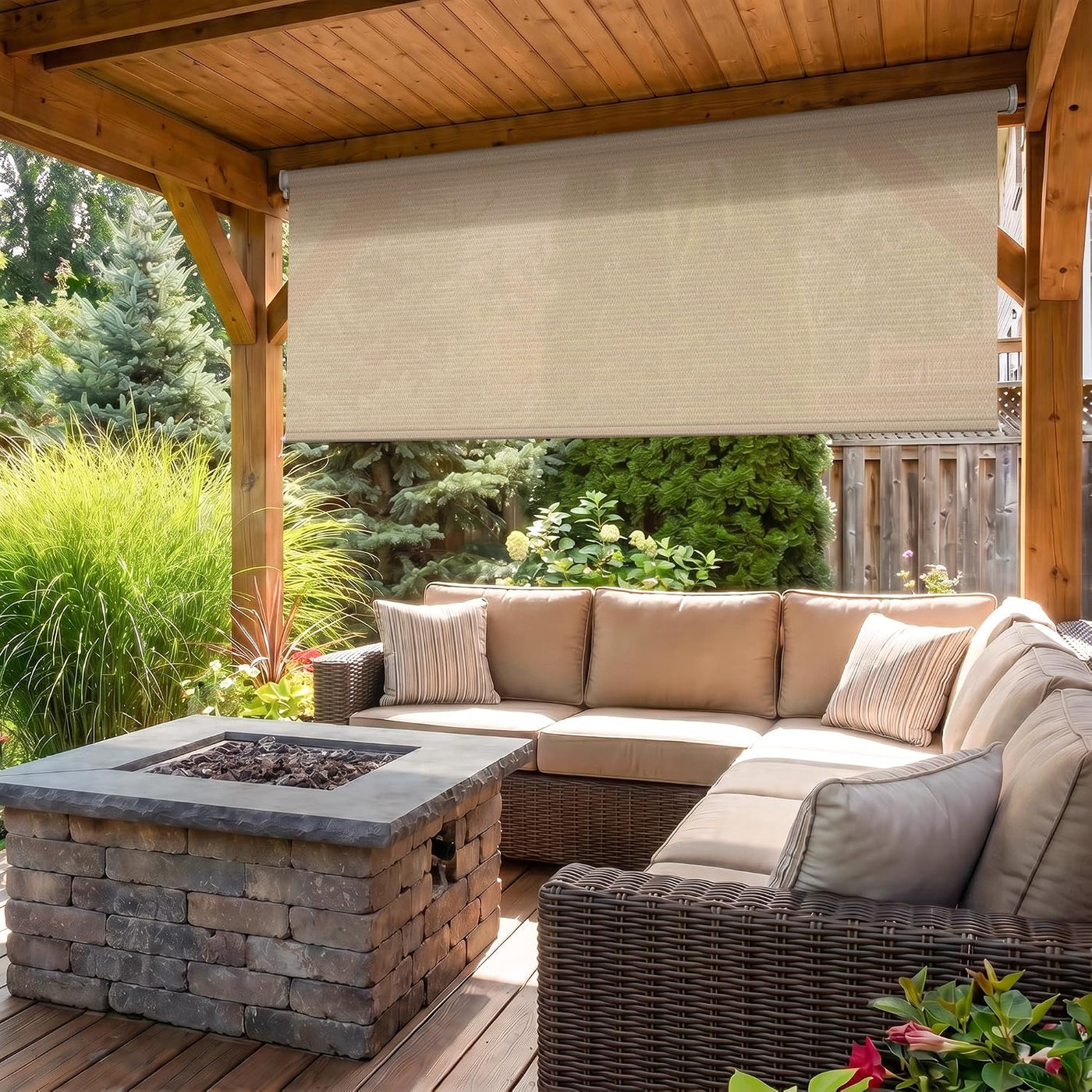 Outdoor manual roller shades installed around a pergola lounge