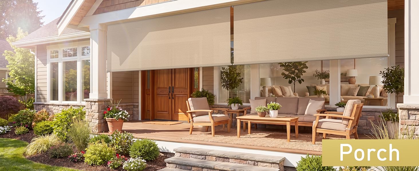 Outdoor roller shades covering a residential porch