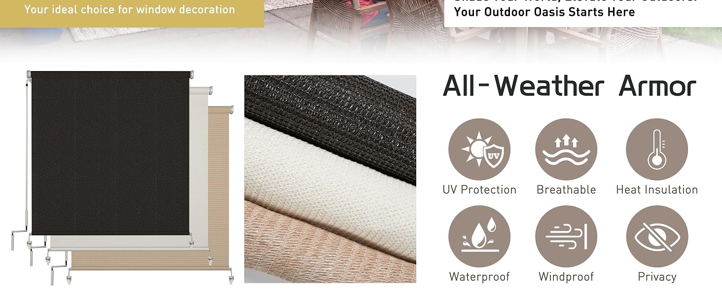 Outdoor roller shade fabric colors and all-weather performance features