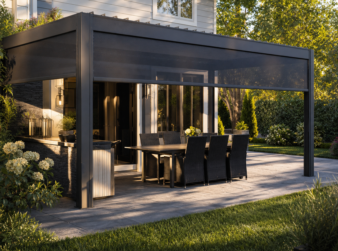 Garden dining layout with wall-side shade and open circulation.