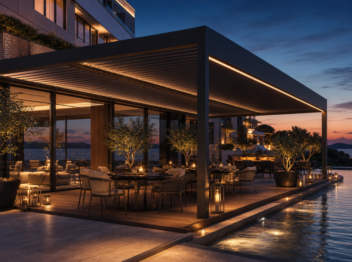 Hotel terrace concept with integrated lighting for evening use.