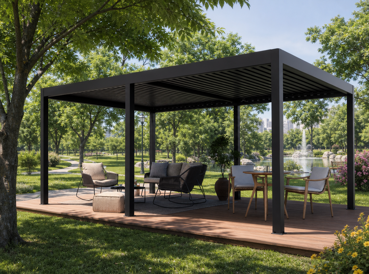 Freestanding park lounge concept for flexible outdoor seating.