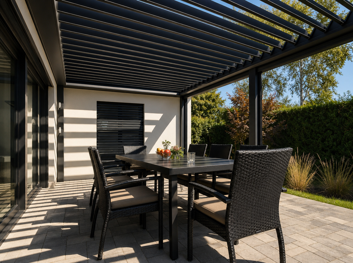 Restaurant dining concept with adjustable overhead coverage.