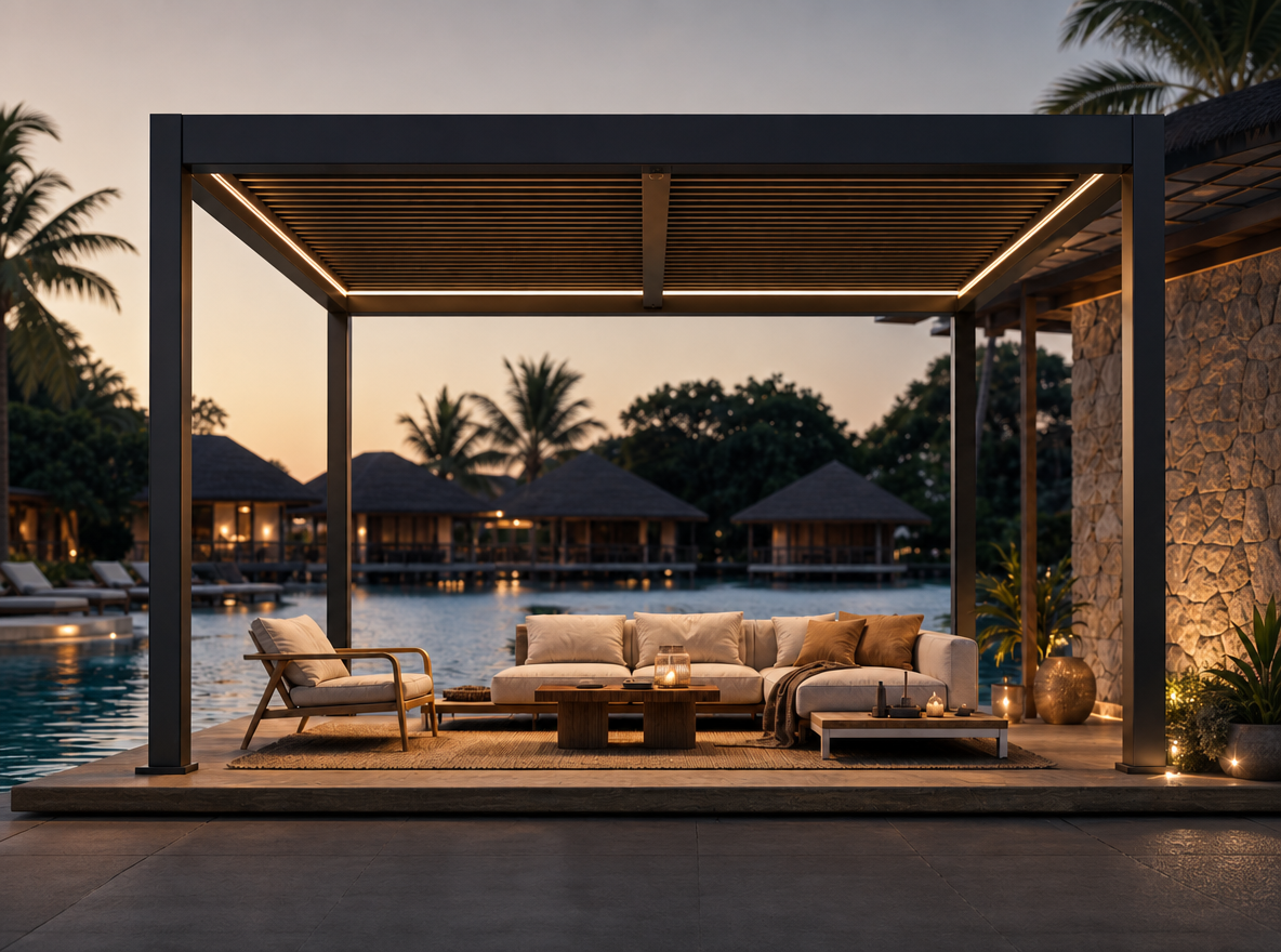 Motorized louvered pergola with integrated evening lighting