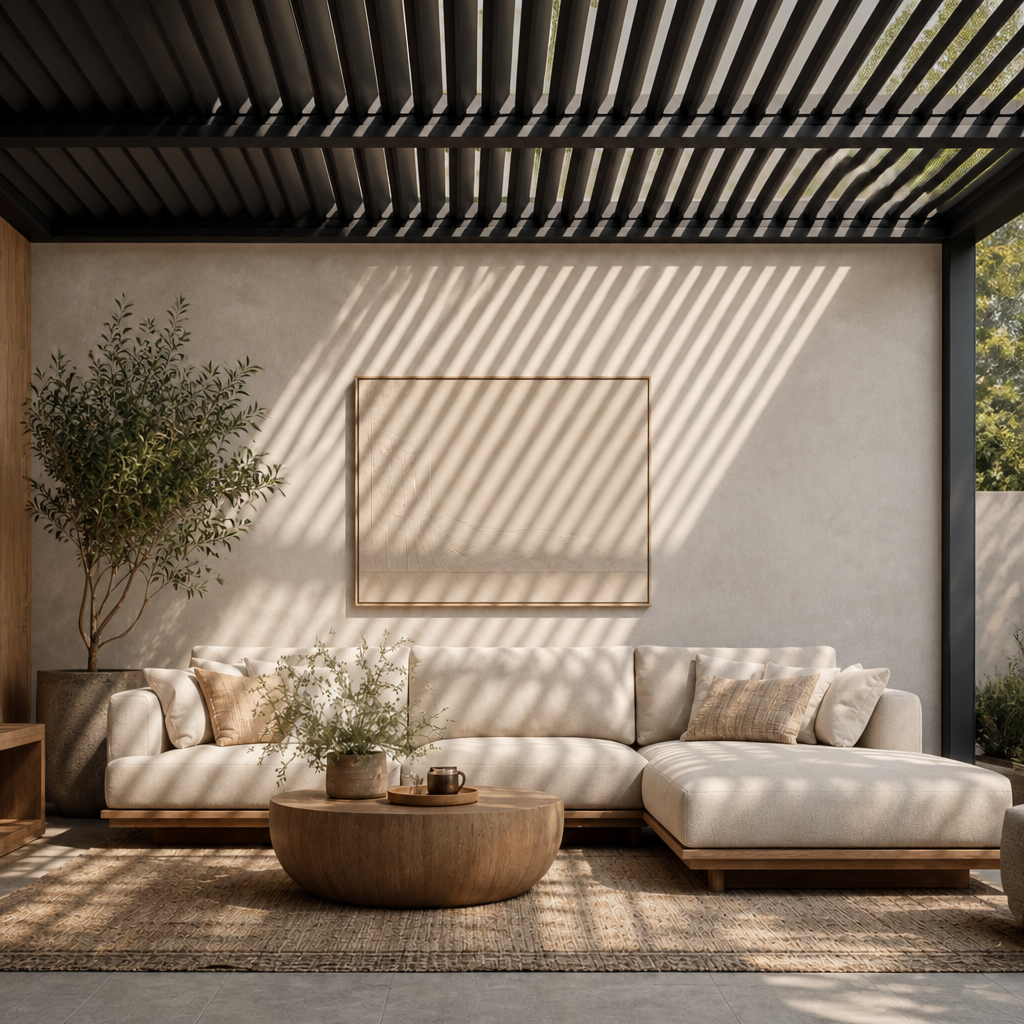 Black louvered pergola shading a modern outdoor lounge