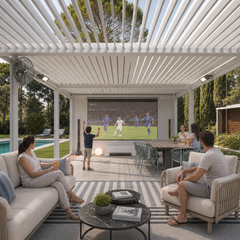 White motorized louvered pergola for outdoor entertainment