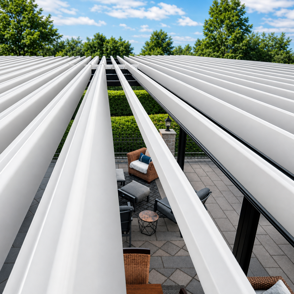 Adjustable aluminum pergola roof louvers in an open position