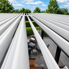 Adjustable aluminum pergola roof louvers in an open position