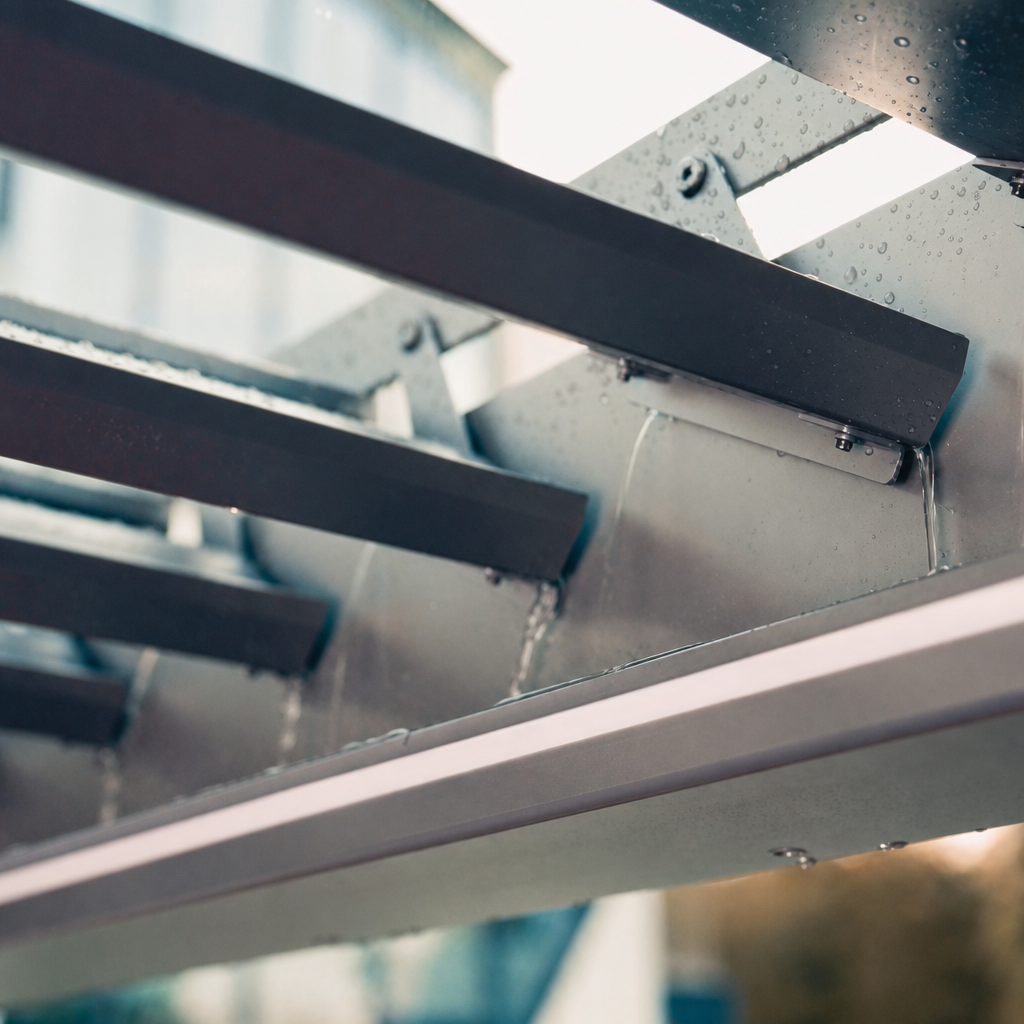 Louvered pergola rainwater management detail