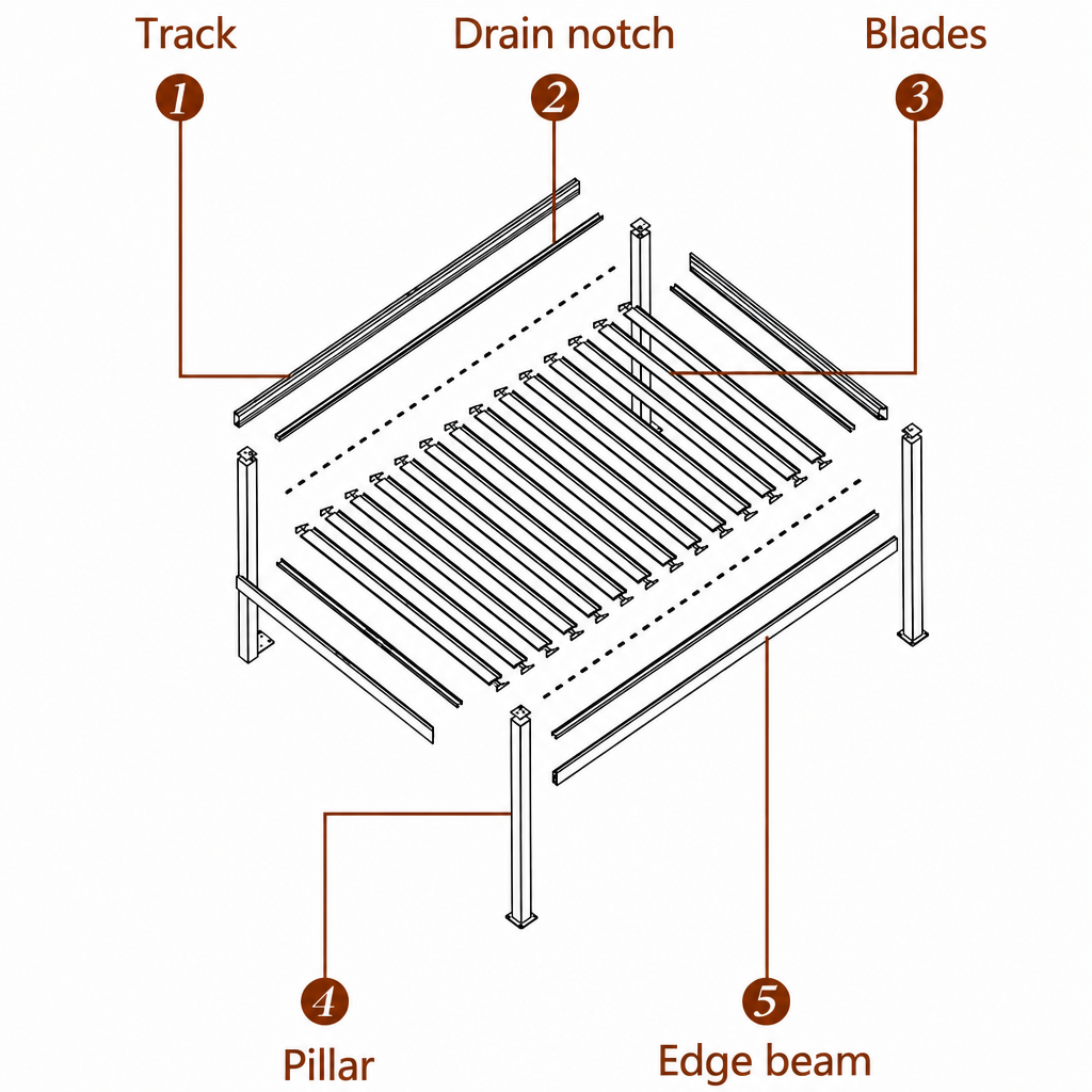 Exploded structural diagram of the louvered pergola system
